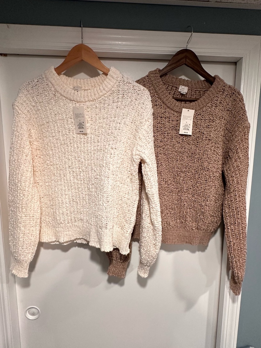 Two women’s crochet knit Crewneck Sweater - Cream & Taupe